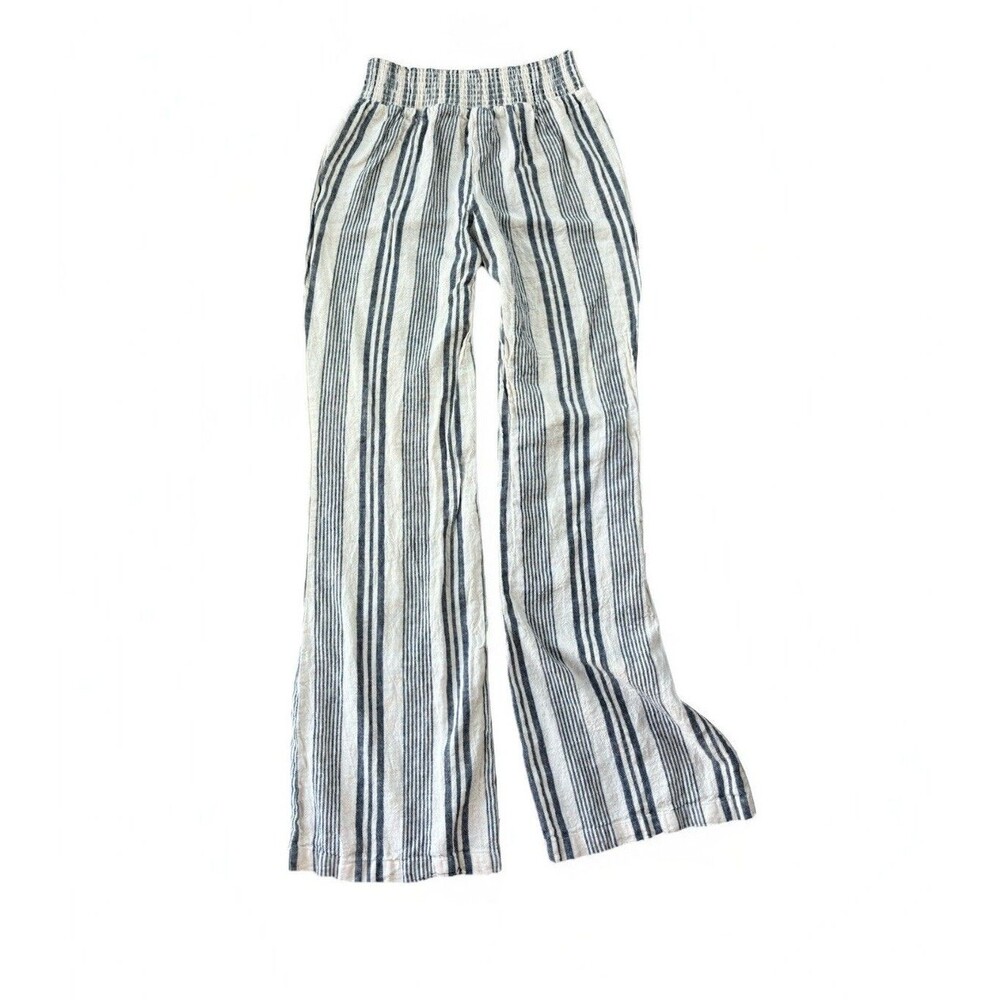 Stoosh Blue Ivory Striped Linen Pants Size S Pull On Wide Leg - Picture 2 of 5
